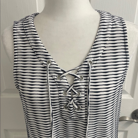 Tribal Black & White Striped Dress V Neck with Ties Sleeveless Pockets Sz S - Picture 4 of 11